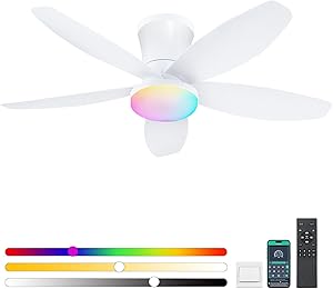 Surtime 92CM Deckenventilator mit RGB Beleuchtung und Fernbedienung/App-Steuerung, dimmbare LED-Deckenventilatoren für Schlafzimmer, Innen-/Außenbereich(weiß)