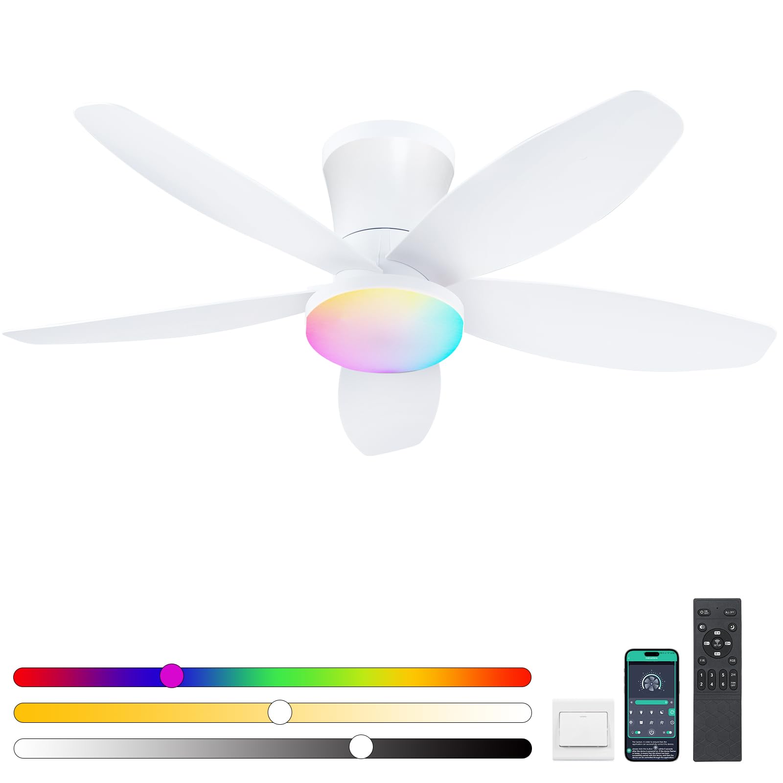 Surtime Ventilatori a soffitto RGB con luci-92CM Ventilatore a soffitto a basso profilo con luce e controllo remoto/APP,Ventilatori a soffitto dimmabili a LED per camera da letto(Bianco)
