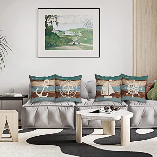Huyaw Vintage Wooden Board Nautical Ship Wheel Boating Anchor Compass Throw Pillow Covers, Nautical Gifts, Ship Pillow Cases 18 X 18 Inch Home Lake House Sofa Decor Set Of 4 #TOP1