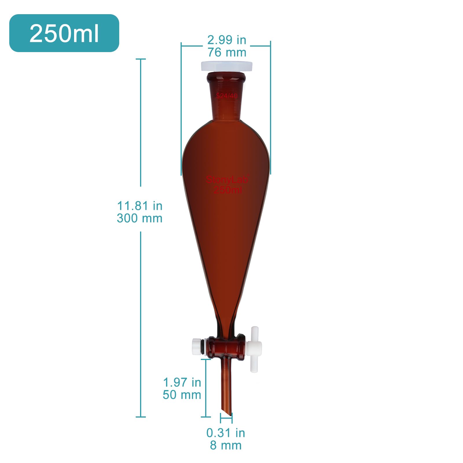 stonylab Entonnoir Séparateur Marron, Forme Conique à Parois Épaisses, Joint Rodé 24/40, Robinet en PTFE, Verrerie de Laboratoire en Verre Borosilicaté, Résistant aux Produits Chimiques, 250 ml