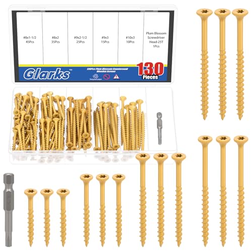 Glarks Kit de 131 tornillos de cubierta de 8 x 1-1/2 pulgadas, 8 x 2 pulgadas, 9 x 2-1/2 pulgadas, 9 x 3 pulgadas, 10 x 3 pulgadas, incluye 130 tornillos de cabeza plana Star Torx y 1 broca Torx T25