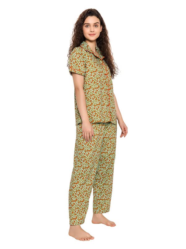 Image of Clovia Women's Rayon Heart Print Button Down Shirt & Pyjama Set in Green