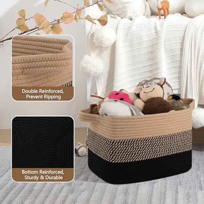 Storage Basket for Organizing, Woven Baskets for Storage, Rectangle Decorative Baskets for Shleves, Closet, Toys, Books, Nursery Organizer Bins - Pack of 3 (Black & Brown)