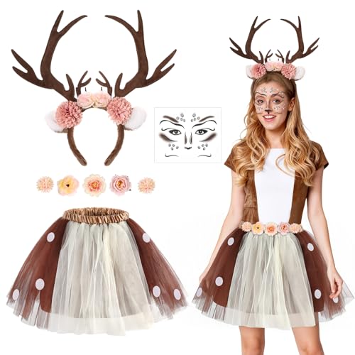 4 peças fantasia rena mulher, diadema rena com chifres tatuagens veado rosto saia tuú pinças de flores, acessórios de disfarce animal adultos crianças disfarces Natal Halloween carnaval festa cosplay