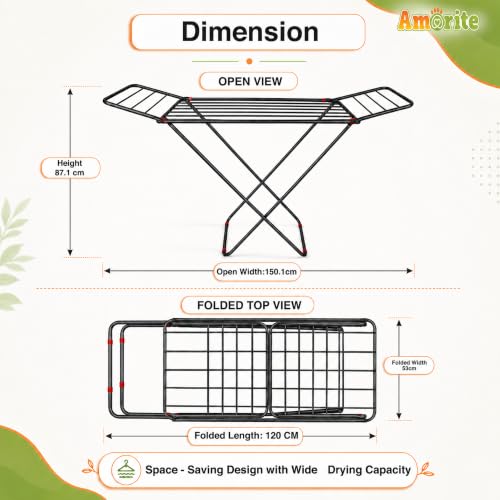 Image of Premium Steel Clothes Drying Stand | Foldable Cloth Dryer Stand, 3-Way Folding Design, Space-Saving Flat Folding Laundry Drying Rack for Indoor & Outdoor(Cross Design - 120 x 54 cm)- Black