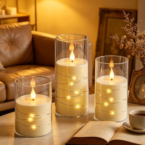 Image of Da by 3 Pack Ivory Transparent Acrylic Flameless Taper Candles, Flickering Black Wick LED Candles with Fairy String Lights, Heat Resistant ABS Candles with Remote for Home Patio Decor