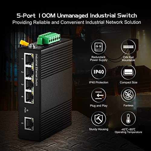 Image of 5 Port Industrial Ethernet Switch, 4 Ports and 1 Uplink 10 /100Mbps, Fanless Din Rail and Wall Mount, IP40 Aluminum Alloy -40~75C(-40~185F), with One Power Supply