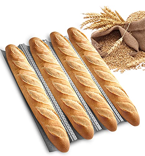 SMYLE Plus French Baguette pan for baking 15" x 13" Carbon Steel 4 Loaf Perforated Bread Tray Baking Tray Bake Mold Toast Italian Bread Pan Oven Toaster Pan Cloche Nonstick Loaf Bake Mold