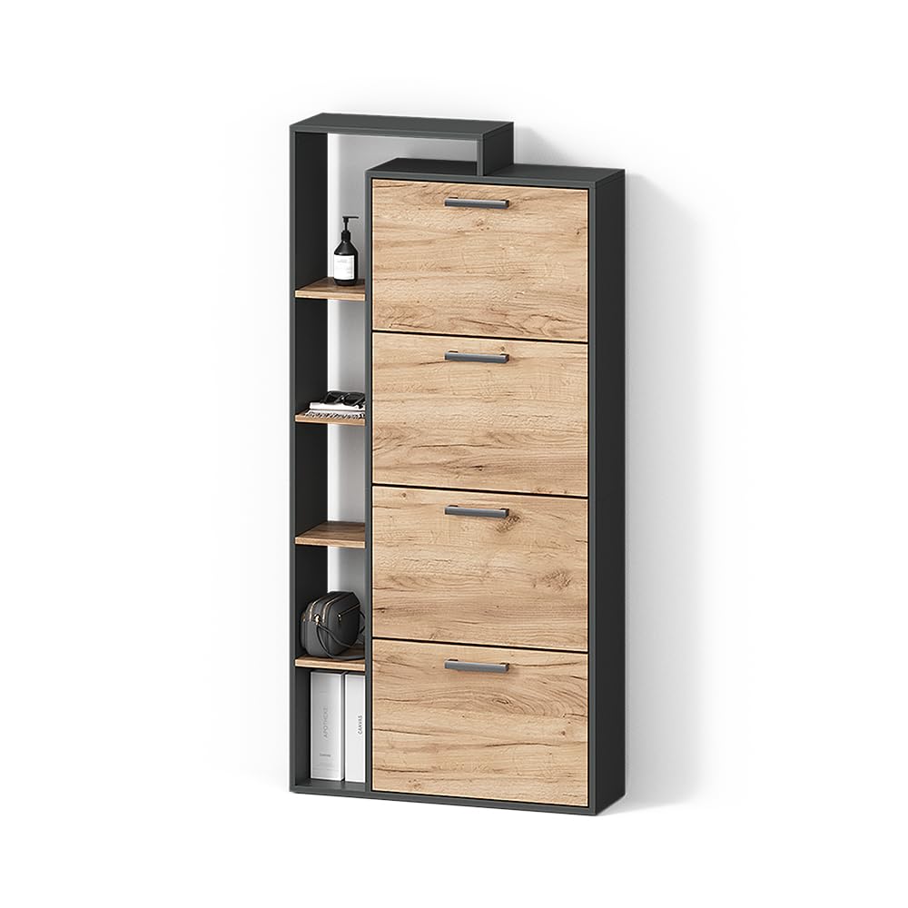Livinity Zapatero Ortello, Oro power roble/antracita, 80 x 166.1 cm con 4 compartimentos
