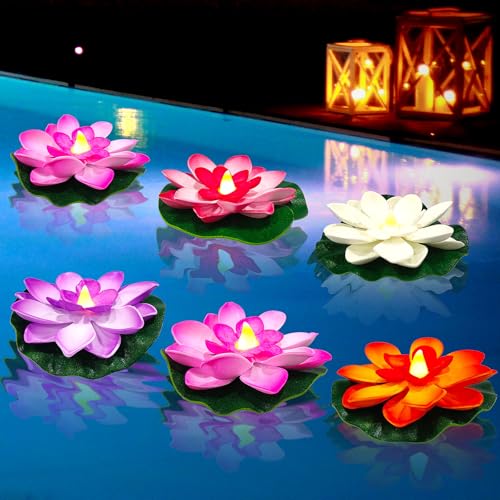 YAHAHARICH 6 Pack Floating Lotus Tea Lights - 4 Inch Water Lily LED Candles for Pool,Bath,Wedding,Party Decor - Floating Color Changing Lotus Flower Pool Lights (6)