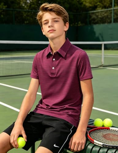 Cuddomper Boy Polo Stripe Shirt Size 7-8 Dark Red Short Sleeve Golf Top - image 3