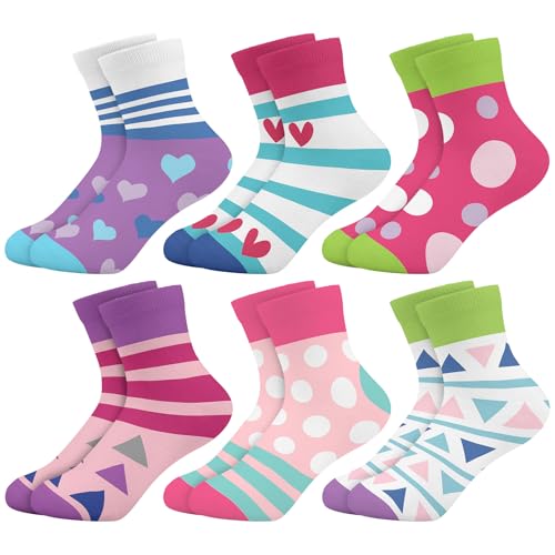 Queenshin 6 Pares Calcetines Niña Infantile Coloridas Lunares Rayas Corazones Calcetines Cortos Regalo Comodidad y Transpirabilidad en 5-8 años Tallas 28-32