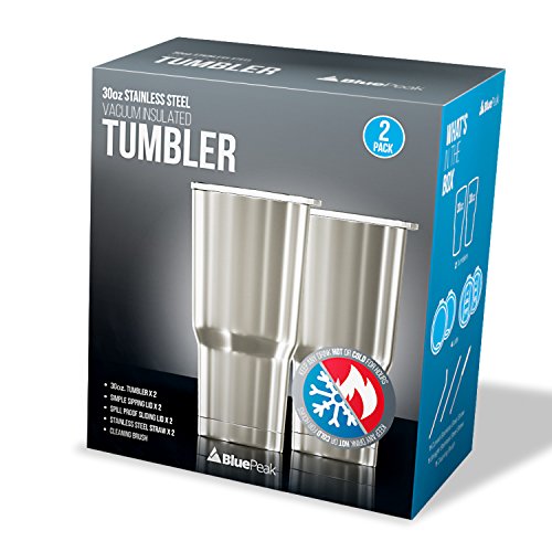 Bluepeak Double Wall Stainless Steel Insulated Tumbler Set, 2-Pack, Includes Sipping Lids, Spill-Proof Sliding Lids, Straws, Cleaning Brush & Gift Box (30oz, Silver) - Thumbnail 7