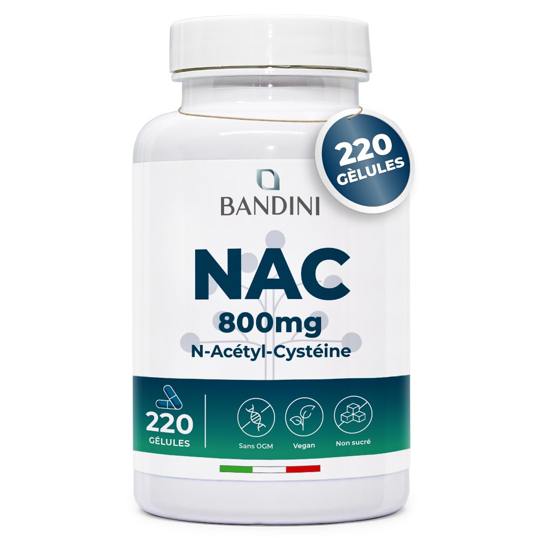 Bandini® NAC 800 mg par capsule | 220 gélules pour +7 mois | N-acétyl-L-cystéine | Haute biodisponibilité et tolérance | Antioxydant Hautement dosé, Qualité supérieure, 100% Végétalien, sans Additifs