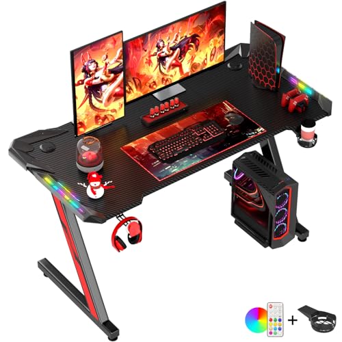 Homall Gaming Desk with LED Lights, 140 x 60cm RGB Gaming Table Z Shape, Large Computer Desk with Headphone Hook and Cup Holder, Gamer Table for Home Office (Black)