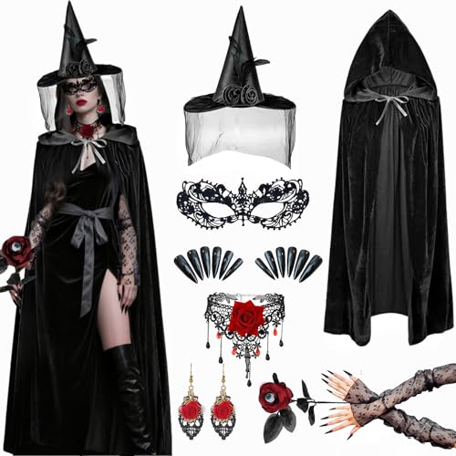 ZJKUBOIS 8 Pieces Halloween Hexenkostüm Damen Set,Hexe Accessoires mit Hexenhut, Schwarzer Hexenumhang, Spitzenmaske Halskette, Hexen kostüm für...