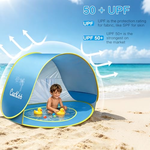 Miniatura 4 de Tienda Playa Bebe,Ceekii Refugio Playa Para Bebé Infantil Niños Protección Solar Anti Uv 50 Con Piscina,Tienda Portátil Desmontable Para Vacación Playa Azul