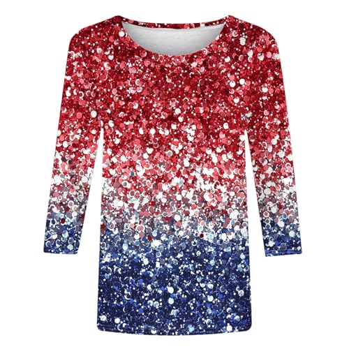 Image of Fourth of July Shirts for Women 3 /4 Sleeve Summer Tops American Flag Print T Shirt Patriotic 4th of July Shirts 2025