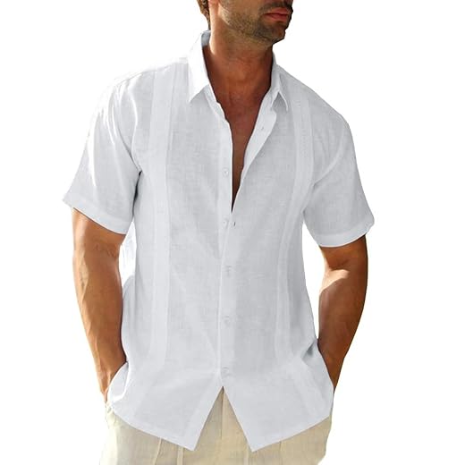 Camisa masculina manga curta acampamento cubano Guayabera linho algodão hippie praia camisa abotoada