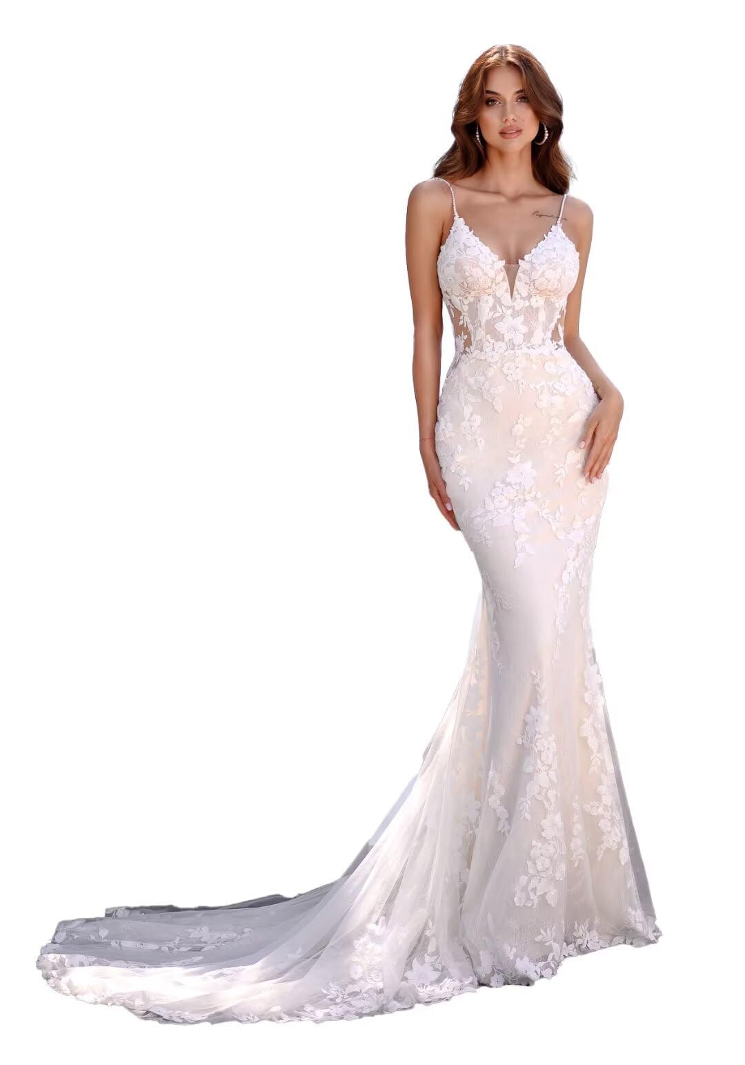 Damen Boho Meerjungfrau Brautkleider Lang Korsett Spitzenapplikationen Hochzeitskleid Mit Schleppe