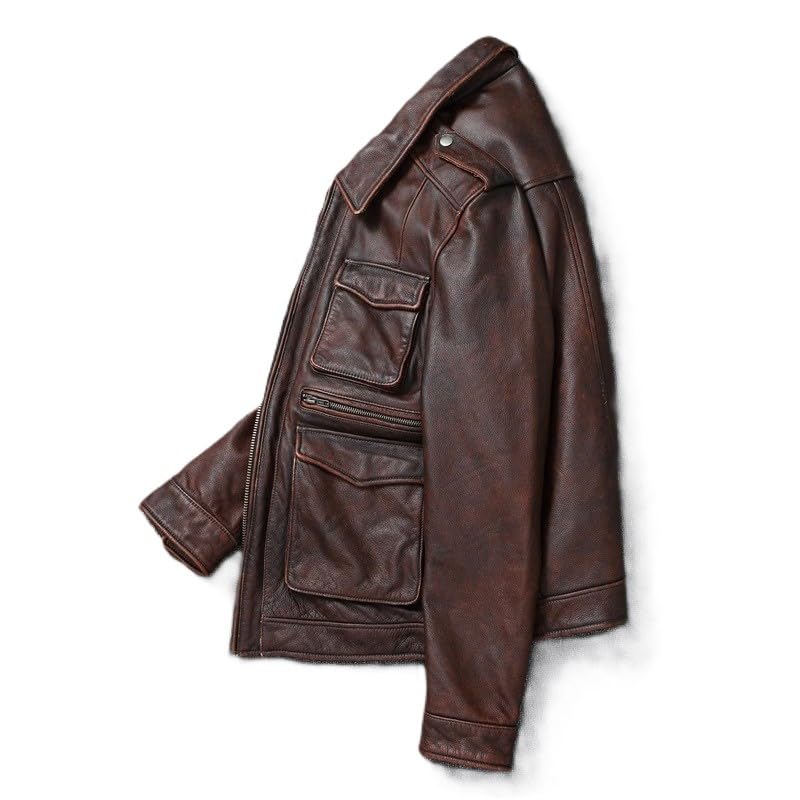 Men's Classic Vintage Brown Genuine Leather Jacket with Multi-Chest Flat & Zipper and Utility Pockets3