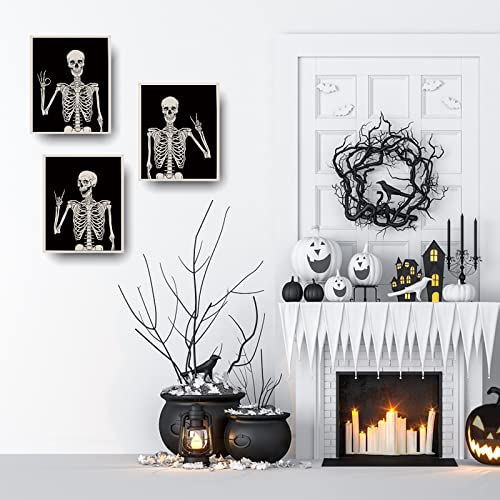 Halloween Wall Decor Skeleton Poster, Funny Goth Home Wall Art Prints, Gothic Skull Weird Paintings, Witchy Spooky Aesthetic Pictures For Bedroom Bathroom Pagan Room Decor Set Of 3 Unframed (8X10) #TOP3