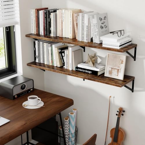Image of Floating Wall Shelves, Set of 2, Rustic Brown Engineered Wood with Metal Brackets, 14x8 Inch, for Living Room, Kitchen Storage and Decor