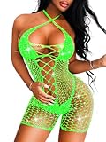 Kaei&Shi Rhinestone Rave Outfits Fit 0-16, Exotic Dancer Fishnet Bodysuit, Sexy Glow Stripper Bodystocking Lingerie For Women,Neon Green