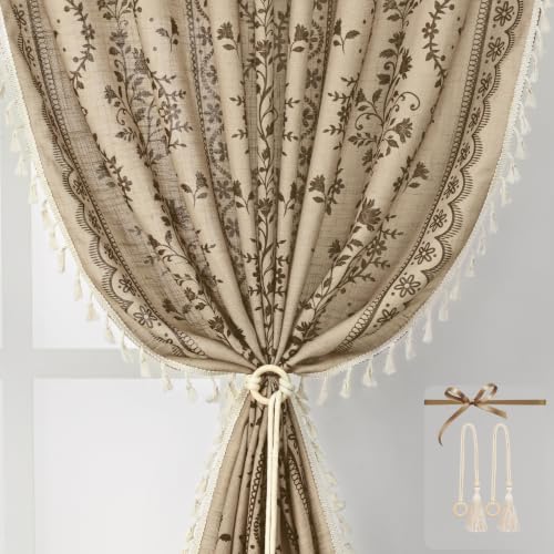 Image of Yinhua Boho Curtains for Living Room 63 Inch Length Vintage Linen Curtains for Bedroom Light Filtering Window Curtain Rod Pocket & Back Tabs Rustic Tassel Drapes with Tiebacks, Beige Brown