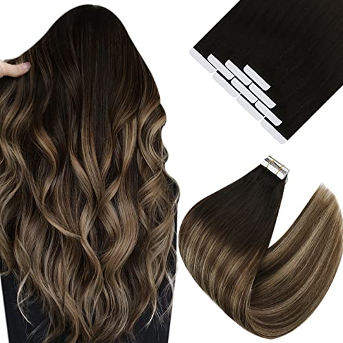 VeSunny 10pcs Tape in Hair Extensions Real Human Hair Black to Brown Ombre Ash Blonde #1B/4/18 Tape in Human Hair Extensions Thick End Balayage Hair Tape in Extensions Real 20inch 25g