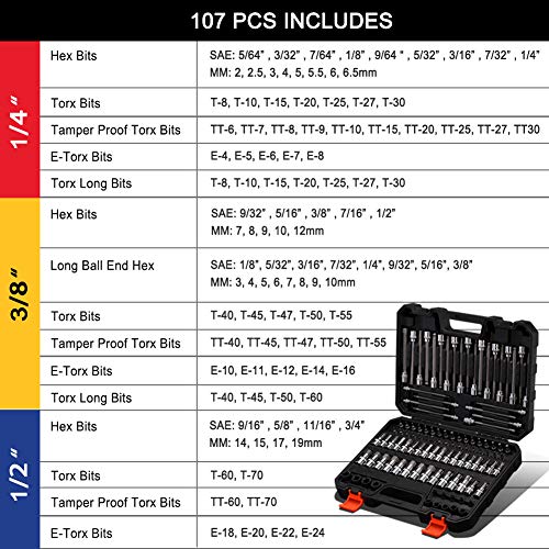 Image of 107-Piece Allen and Torx Bit Socket Set, 1 /4 inch, 3 /8 inch and 1 /2 inch Drive Hex /Ball End Hex /Extra Long Tamper Proof Torx SAE & Metric Bit Set