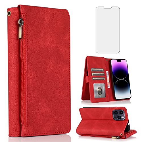 Étui portefeuille iPhone 14 Pro Max Asuwish rouge en cuir avec porte-cartes et fermeture éclair