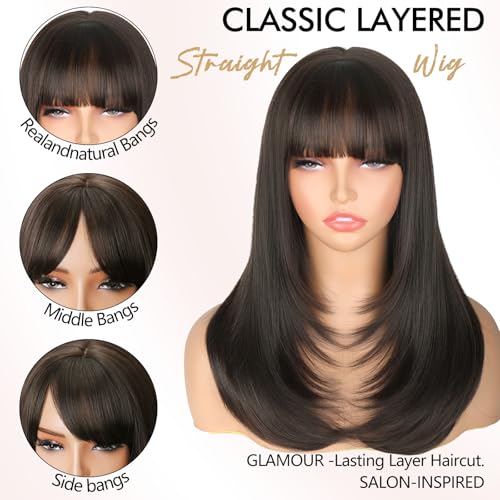 NOSTALGIA Brown Wigs with Bangs Layered Wavy Replacement Hair for Women - image 4