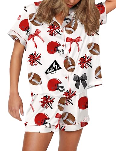 Image of SHESHOW Pajamas for Women Set Satin Button Down Short Sleeve Top and Shorts Pjs Sets Sport Ball Print Sleepwear XS-XXL