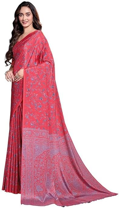 Floral Print Crepe Saree with Unstitched Blouse Piece, Red, 5.5 Meter Saree and 0.8 Meter Blouse