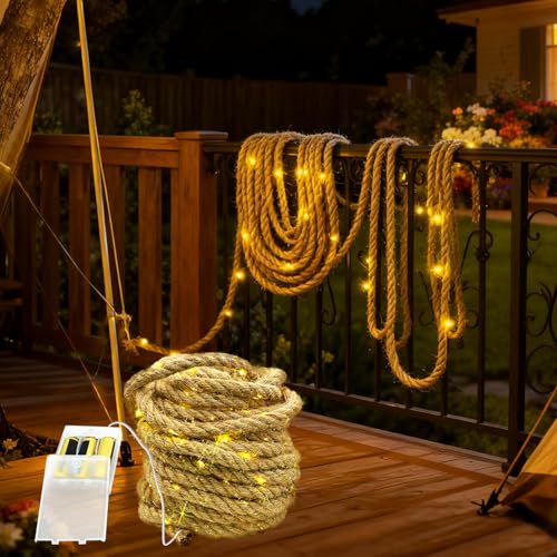 MEDOYOH Corrente de luzes de corda de 10 m para interiores de 200 LED, corda de cânhamo, corda de luz, impermeável, para jardim, terraço, varanda, balanço, decoração do tronco