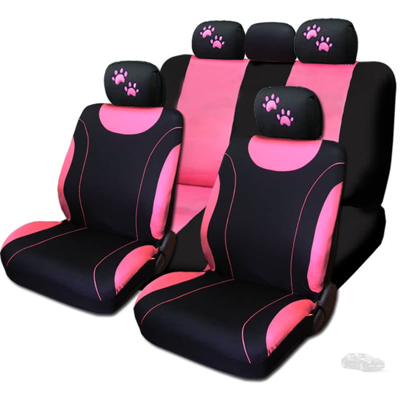 Yupbizauto New 12 Pieces Pink Flat Cloth Front and Rear Car Seat Covers with Embroidery Pink Paws Headrest Covers and Gift for Women