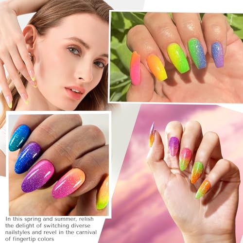 Image of AZUREBEAUTY Nail Polish Set, 4 Colors Flash Reactive Shimmer Glitter Neon Pink Orange Green Purple Spring Summer Long Lasting Quick Dry Natural Fingernail Lacquer Strengthening Kit with Top Coat