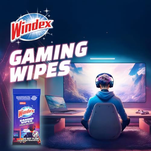 Image of Windex Gaming Cleaning Wipes, Pre-Moistened Wipes to Instantly Clean all Gaming Gear and Electronics, Resealable Packaging for a Freshness Lock, 25 count (Pack of 12)