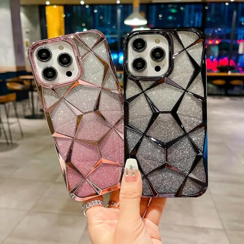 Image of VONZEE Compatible with iPhone 15 Pro Gradient Glitter Case, Luxury Electroplated 3D Cube, Diamond Bling Shiny Soft TPU Clear Shockproof Women Girls Protective Phone Cover (Black)