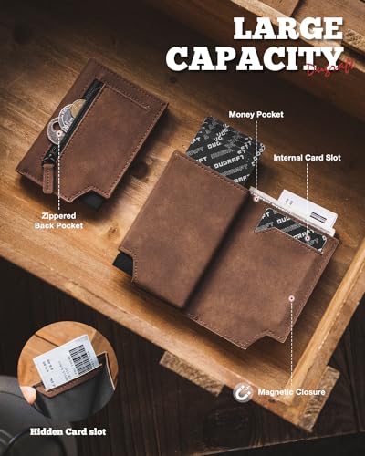 DUGRAFT Bifold Pop Up Wallet for Men, Slim Leather Credit Card Holder with Zipper Minimalist Women Magnetic Cash Coins Pocket Wallets RFID Blocking(Brown)3