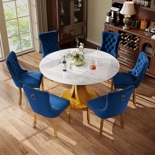 Image of 7-Piece Dining Table Set with 47In Faux Marble Table and 6 Velvet Upholstered Chairs, Modern Scandinavian Furniture for Dining Room Kitchen(Blue&Gold)