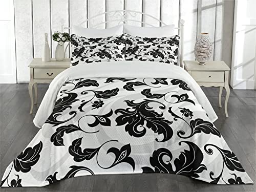 Ambesonne Floral Coverlet, Flower Leaves Ivy Plant Swirl Like Image with Abstract Shadow Print, 3 Piece Decorative Quilted Bedspread Set with 2 Pillow Shams, Queen Size, Black White and Pale Grey