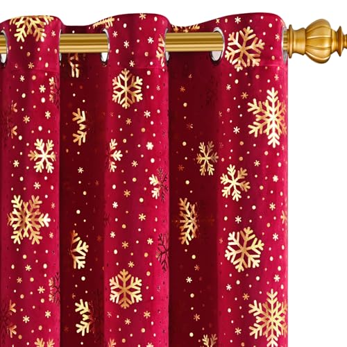 Yinhua Christmas Red Velvet Curtains for Living Room Gold Snowflake