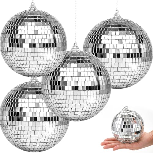 4 Stück 10CM Discokugel Discokugeln mit hängendem Ring Silber DiscokugelDiscokugel Deko Aufhängen Klein Spiegelkugel für Weihnachtsbaum Hochzeit Geburtstagsfeier Dekoration