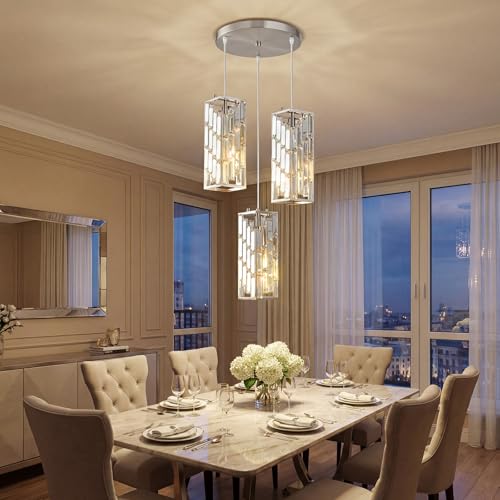 Image of Brushed Nickel Pendant Lighting Modern Pendant Light, Mini Crystal Chandeliers,Adjustable Pendant Light Fixture for Kitchen Island Dinning Room Bedroom (3 Light)