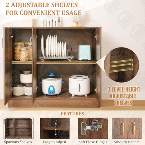 Image of ABOUT SPACE 2 Tier Kitchen Organizer Rack - 3ft 3 Door Engineer Wood Kitchen Cabinet with Adjustable Shelves, Easy to Assemble for Home Living Room (Walnut - L 105 x B 40 x H 91.5 cm)