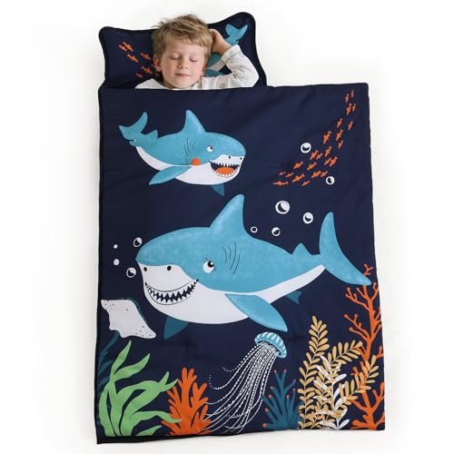 Image of PHF Soft Toddler Nap Mat with Removable Pillow, Rollup Design Kids Sleeping Mat, Slumber Bags for Boys, 55 inchx23 inch Toddler Sleeping Bag for Daycare Preschool Travel Camping, Shark