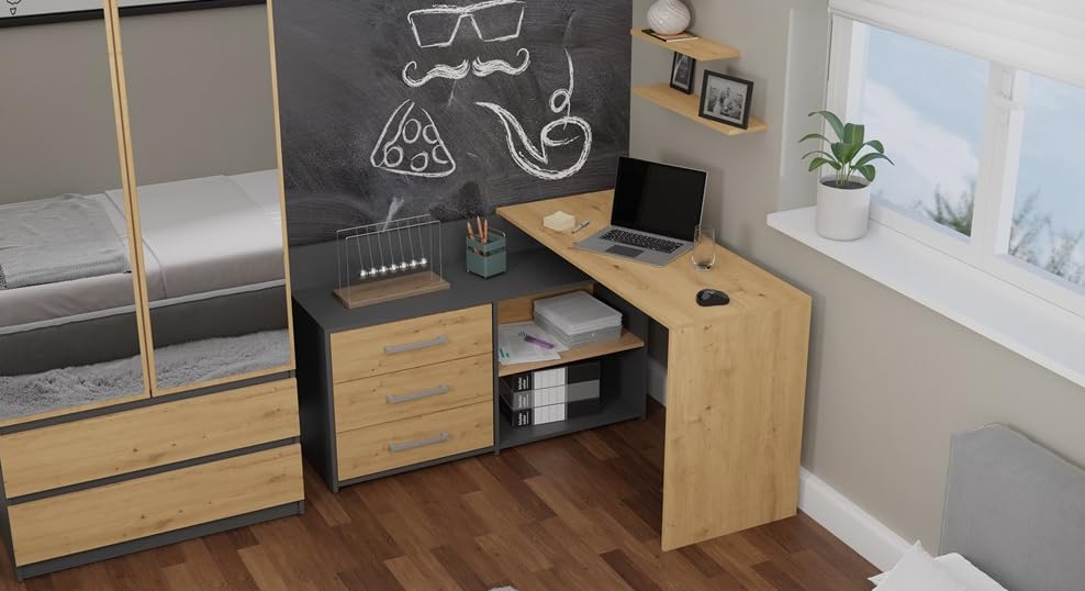 BDW, scrivania angolare destra, 3 cassetti, 4 ripiani, rovere Artisan destra