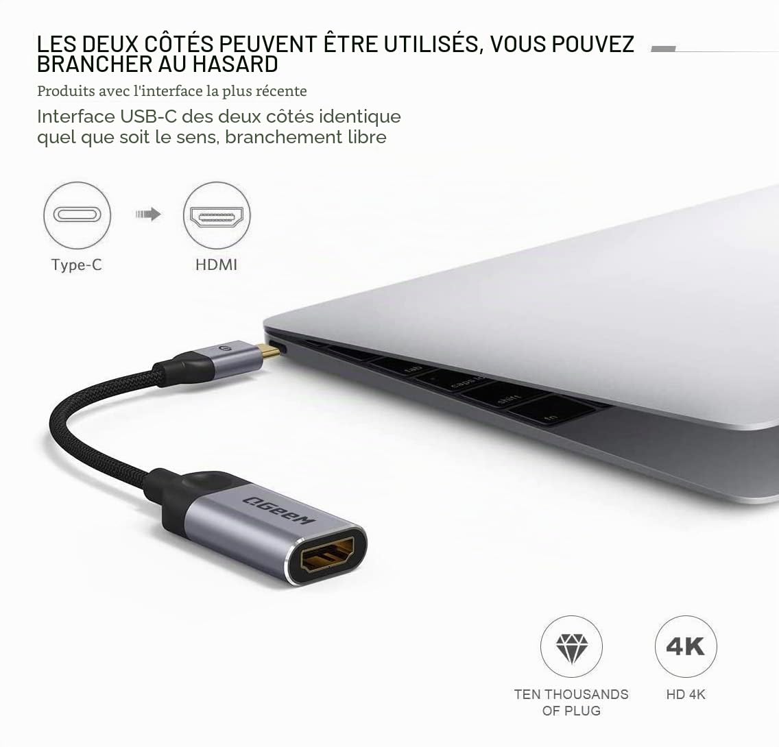 Câble Adaptateur USB C vers HDMI 4K, QGeeM Adaptateur Thunderbolt 3 vers HDMI Compatible pour MacBook Pro 2019/2018/2017 MacBook Air/iPad Pro 2018 Surface Book 2, Dell XPS 13/15 Samsung Galaxy S10/S9